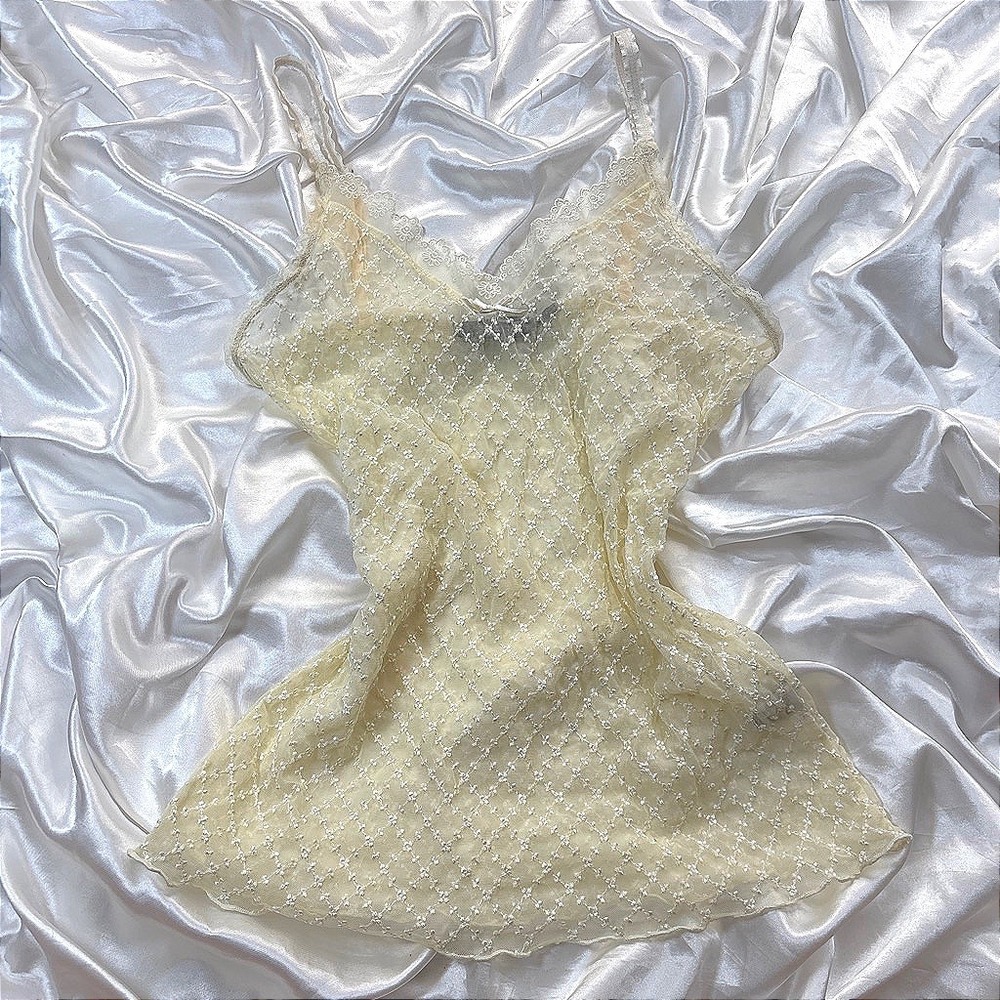 y2k Cami Top Cream Excellent The Limited Floral Mesh Lace Trim Embroidered S